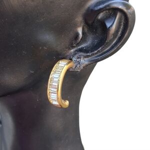 Vintage Gold Tone Half Hoop Earrings - Clear Baguette Crystal Channel Set
